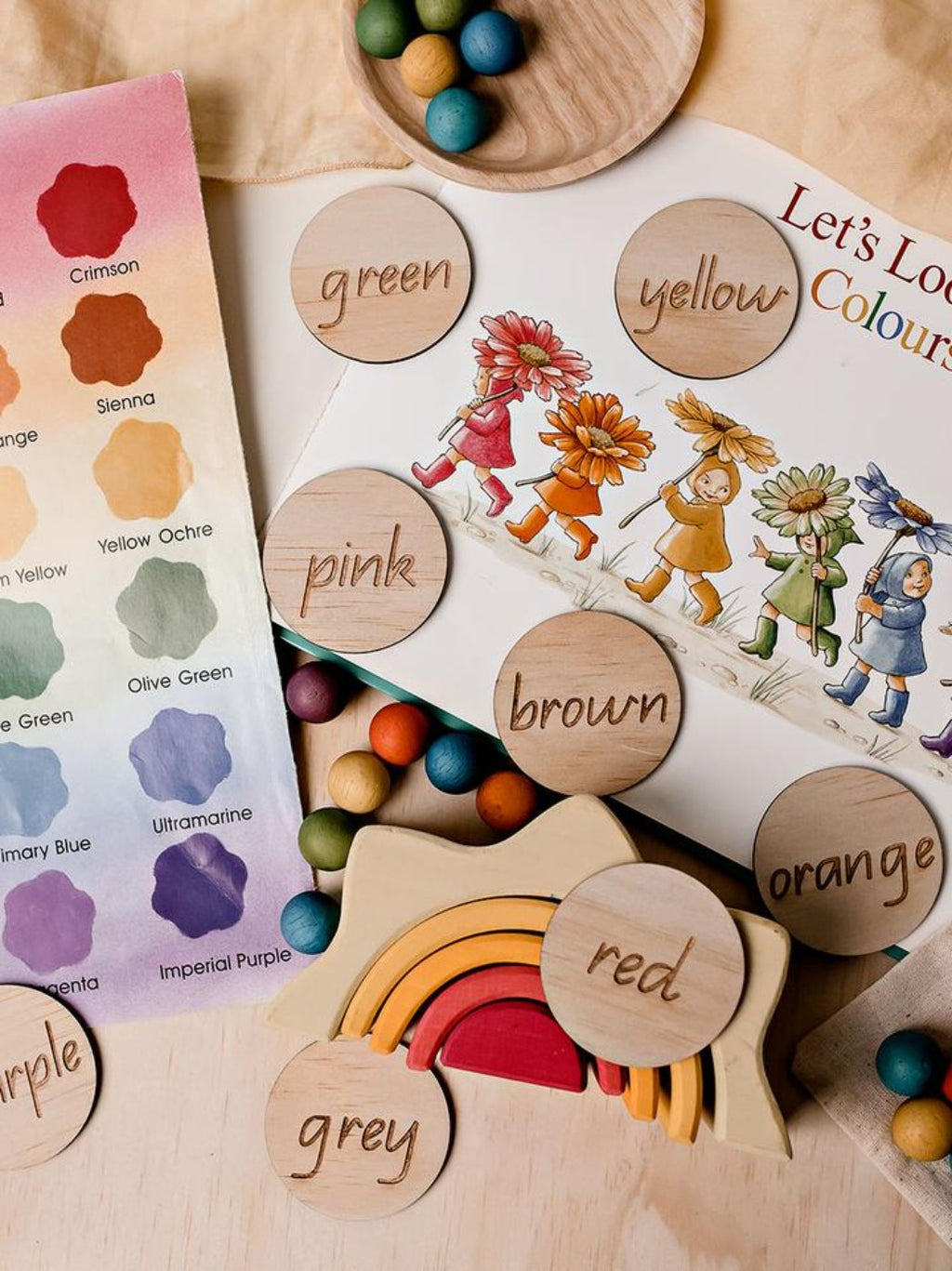 Learn To Read, Recognise & Spell Colours Set - Green, Yellow, Pink, Brown, Orange, Red, Grey, Purple Wooden Discs