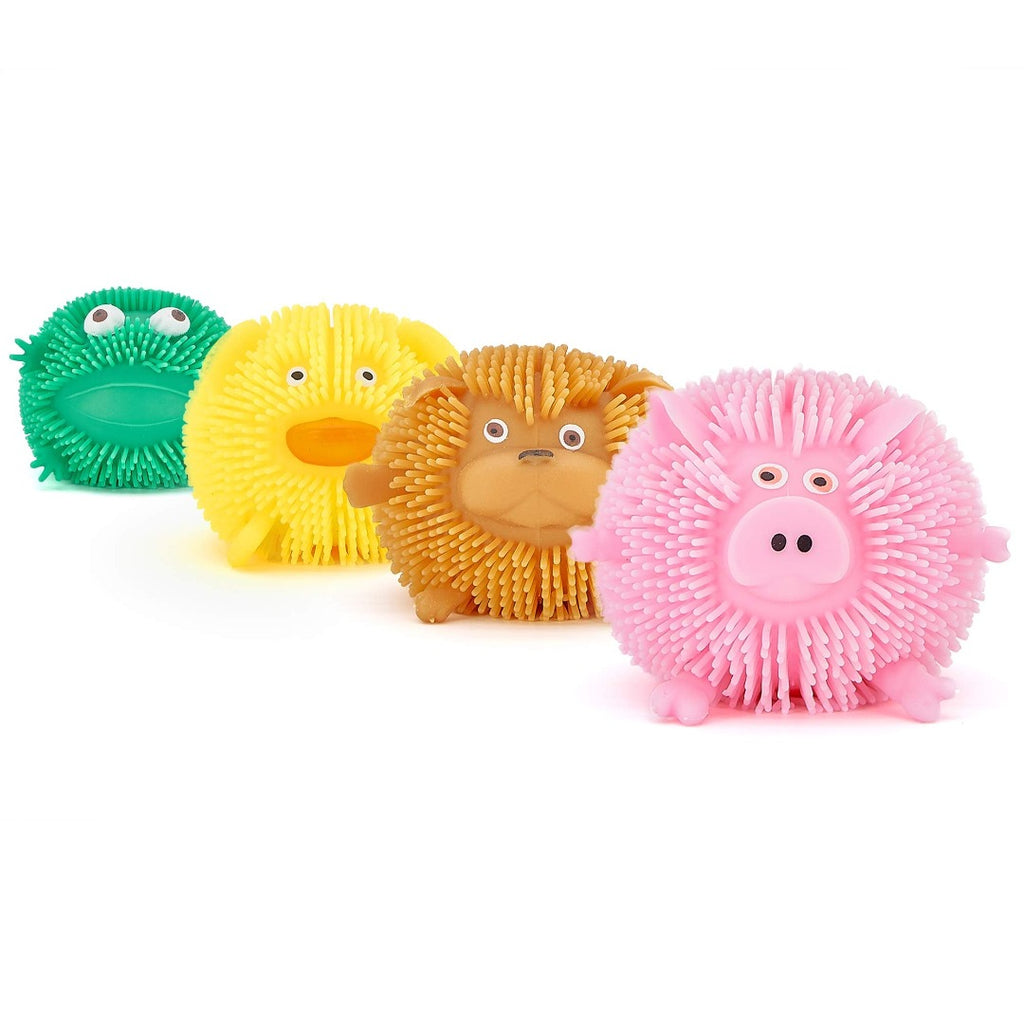 Fluffy Farm Animal Puffer Balls Squeezy Toys. Green Frog, Yellow Chick, Brown Dog and Pink Pig