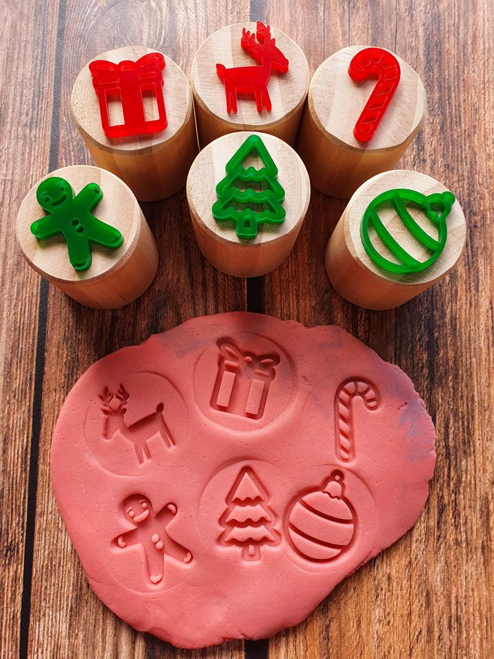 Red Playdough and Wooden Christmas Playdough Stamps Set